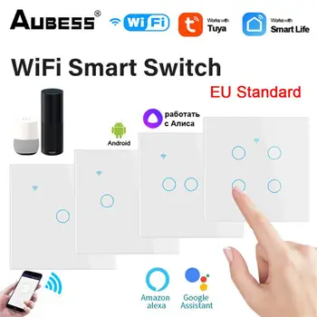 ES Standarta Tuya WIFI Smart Touch 1/2/3/4 Banda Tuya Ieslēdziet Smart Home Sienas Pogu Smart Dzīvē Strādā Ar Alise Alexa, Google Home