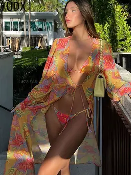 2023 Seksīgi Peldkostīmi Sieviešu Peldkostīms 3-Gabals Bikini Komplekti Pārsējs Peldkostīms Long Cover-Ups Drukas Beachwear Vasaras