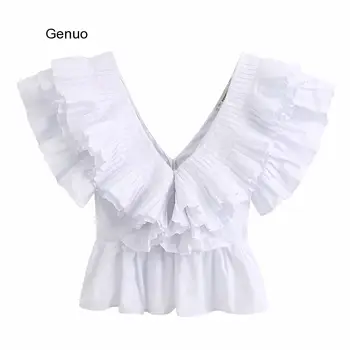 Jaunā Sieviešu cietā v kakla kroku ruffles gadījuma balts smock blūze dāmas, elegants tauriņš piedurknēm poplīns femininas krekls topi LS6380