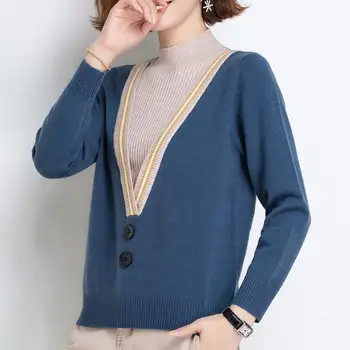 Sieviešu Rudens Ziemas Modes Džemperi Ar Garām Piedurknēm Puse Augstu Uzrullētu Apkakli Līmēšana Viltus Divas Kontrastējošas Krāsas Zaudēt Vintage Džemperi