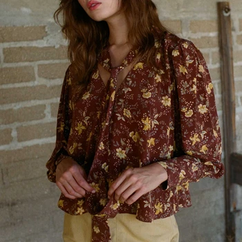 Sieviešu Ziedu Drukas tauriņu Long Piedurknēm Krekls 2023 Jauno franču Vintage Elegants Vienas Krūtīm Blūze Top Gadījuma Valkāt Birojs