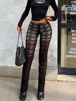Sibybo Saspringts Bikses Sexy Mežģīņu Skatīt caur Augstas starām. Bikses Stilīgu Lupatu Mikro-elastīgās Bikses Rudenī Streetwear Sievietēm