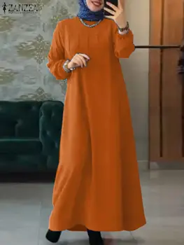 ZANZEA Pavasara Musulmaņu Sieviešu Maxi Sundress Eid Mubarek Ramadāna Gara Kleita Drēbes Femme Abaya Hijab Kaftan Vestido Islāma Apģērbi