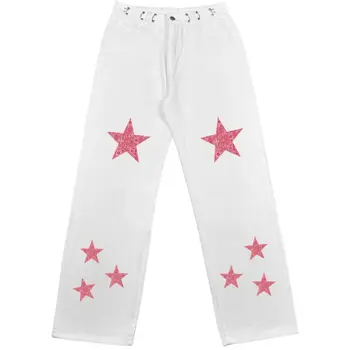 Retro Pieci norādīja Zvaigzne Izdrukāt Augstas starām. Džinsi Sievietēm Zaudēt Taisnas Bikses 2000S E-Meiteņu Pasaku Grunge Streetwear Sieviešu Džinsi