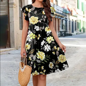 Vasaras Modes Print-line Kleita Sievietēm O-veida kakla Ruffles Gadījuma Zaudēt Mini Kleita 2023 Sieviešu Svētku Sundress Elegante Vestidos
