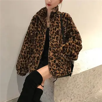 Ziemas Leopards Drukāt Jaka Sieviešu Stand apkakli Silts Parkas Outwear 2023 Jauna Rudens Ziemas korejas Sieviešu Mīksti Mākslīgās Kažokādas Mēteļi
