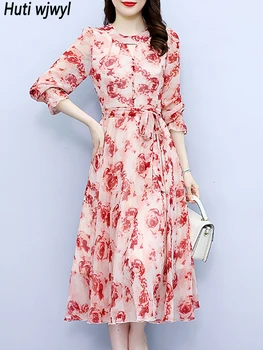 Pavasarī, Vasarā Ziedu Šifona Gadījuma Gara Kleita Sievietēm Elegants Šiks Prom Nakts Kleita 2023 Korejas Vintage Bodycon Puse Midi Kleita