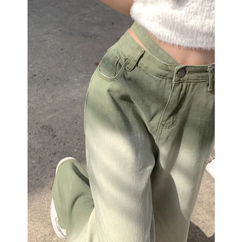 Rudenī Sieviešu Slīpuma Zaļā Augsta Vidukļa Džinsus Vintage Modes Taisni Sadalīt Plaša Kāju Bikses Hip Hop Baggy Gadījuma Džinsa Bikšu