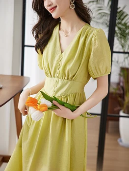 2023 Vasaras pusmūža Sievietes, V-veida kakla Kleita Modes korejas Versija Karstā Pārdošanas Īsām Piedurknēm Womenswear Apģērbu T692