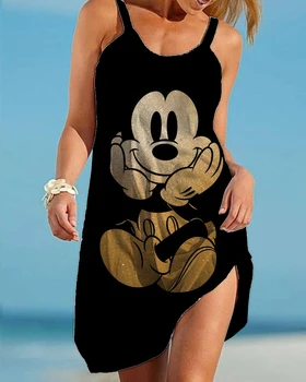 2022. gada Vasaras Mickey un Minnie Sieviešu Modes Linga Drukas Kleita Disney Sievietes Sexy Zaudēt Jūrmalas Pludmale Gadījuma Pludmales Kleita