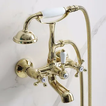 Luksusa Misiņa Zelta Vannas dušas jaucējkrāns uzstādīt Sienas Uzstādīts Augstas Kvalitātes Zelta Karstā Aukstā Ūdens Vanna jaucējkrāns,Eiropas classic