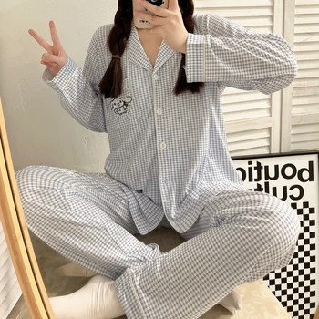 2022. gada Rudenī ar garām Piedurknēm Gadījuma Pleds 100% Kokvilnas Pidžamas Komplekti Sievietēm korejas Sleepwear Uzvalks Homewear Pijama Mujer Mājas Drēbes