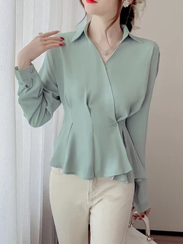 Korejas Modes Šifona Sieviešu Krekls 2022. Gada Pavasara Rudens Apģērbu Ar Garām Piedurknēm Slim Topi Dāmas Biroja Cietā Blūzes Chemisier Femme
