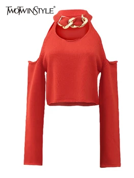 TWOTWINSTYLE Cietā Auksti Plecu Adīšanas Džemperi Sievietēm Apaļu Kakla garām Piedurknēm Brīvs Džemperis Sieviešu Modes Apģērbu 2023